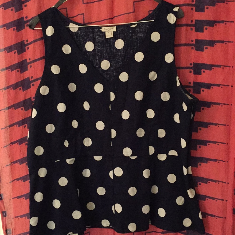 Navy polka dot J. Crew Factory linen peplum top